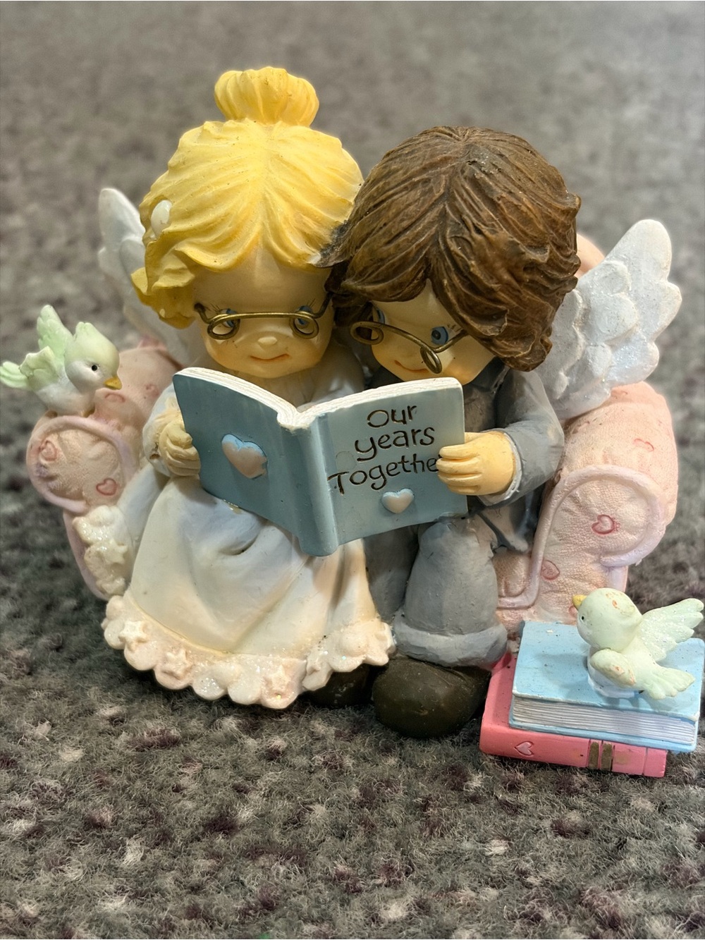 Cherub Couple Reading 'Our Years Together' Resin Figurine *bird is missing wing*